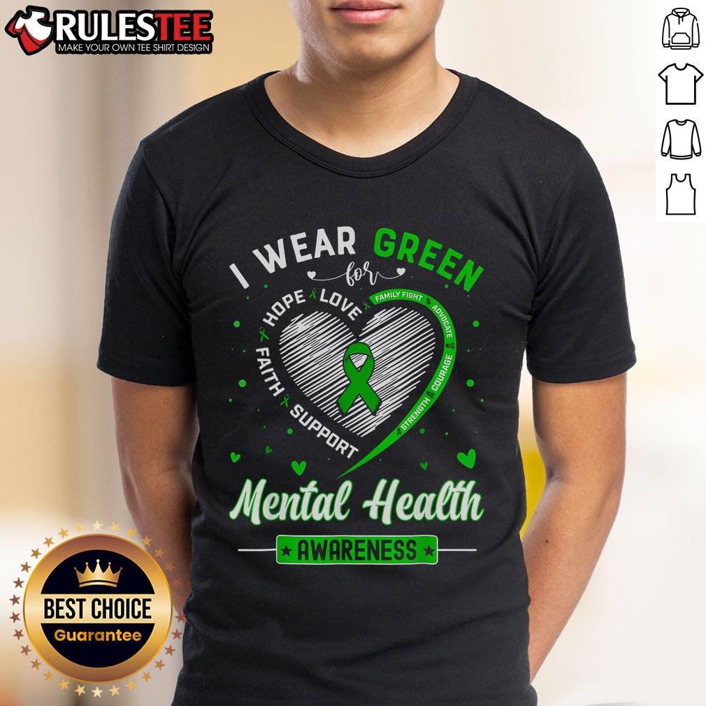 Alt Text: Cute heart design on a green t-shirt for Mental Health Awareness Month, promoting mental health awareness and support.