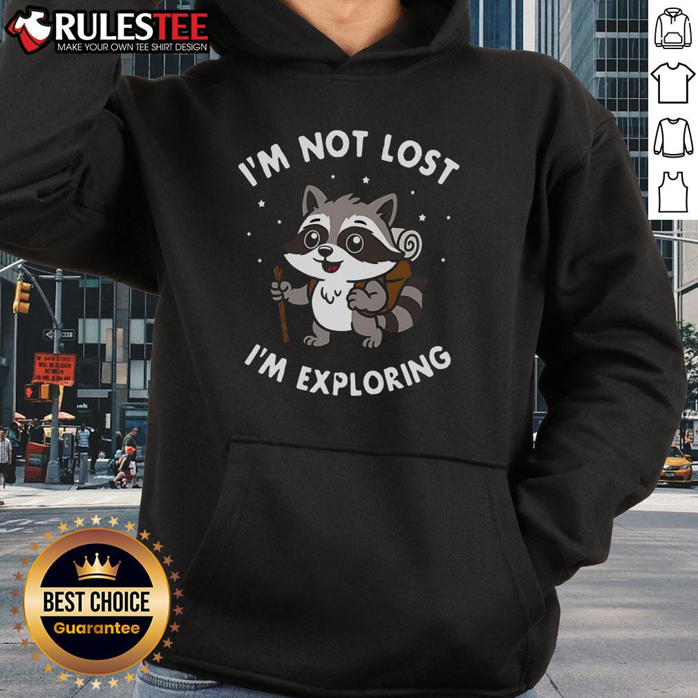 Person wearing a 'Cute, I'm Not Lost, I'm Exploring' hoodie in a vibrant outdoor setting, showcasing adventure and style.