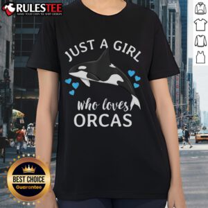 Cute girl wearing a tee that says 'Just a Girl Who Loves Orcas' surrounded by ocean and killer whales.