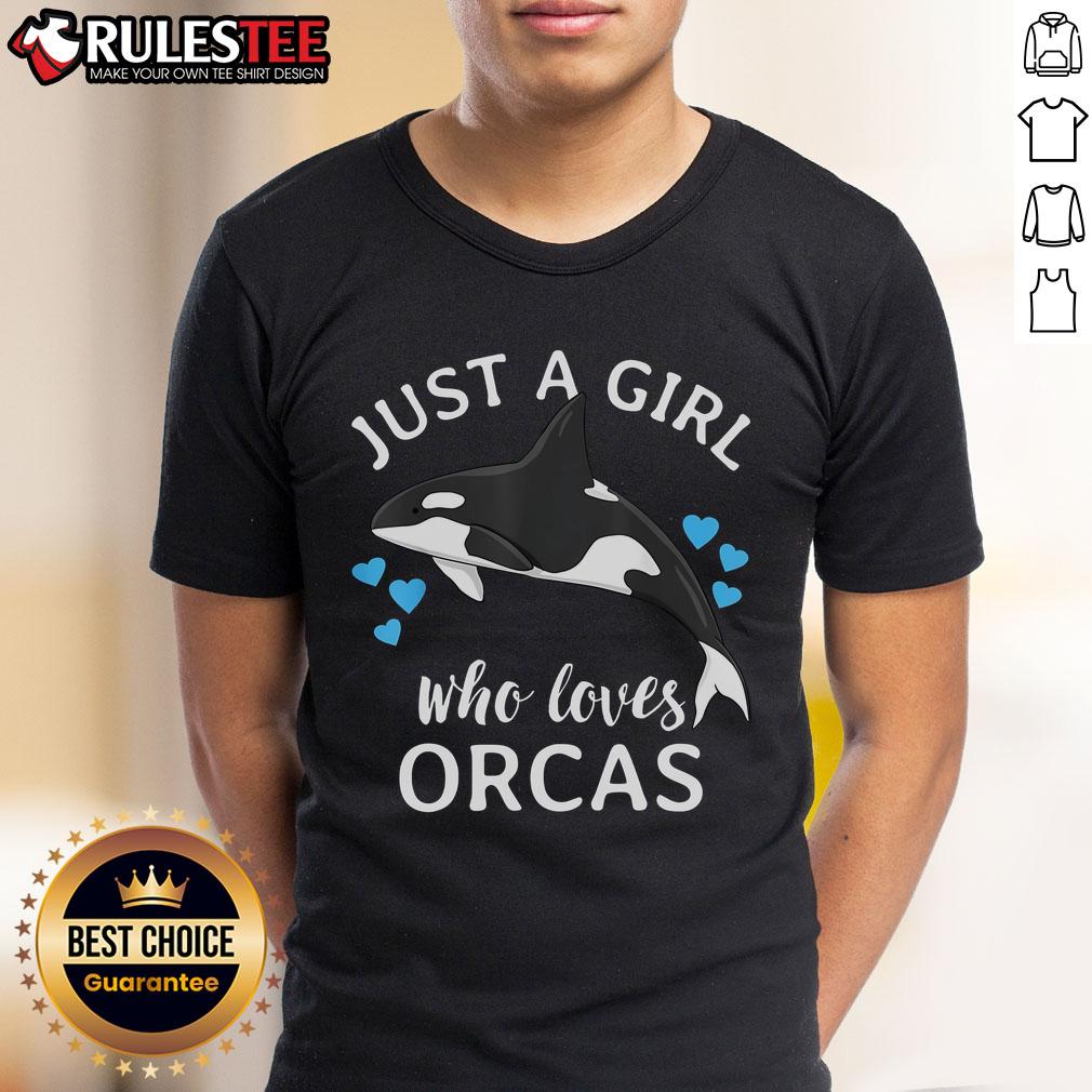 Alt Text: Cute Just A Girl Who Loves Orcas t-shirt featuring killer whales in a vibrant ocean scene, perfect for sea lovers.