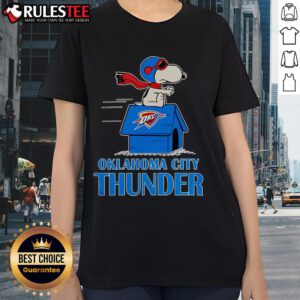 Alt Text: Cute Oklahoma City Thunder NBA basketball Snoopy house design on a 2025 ladies' tee shirt for fans.
