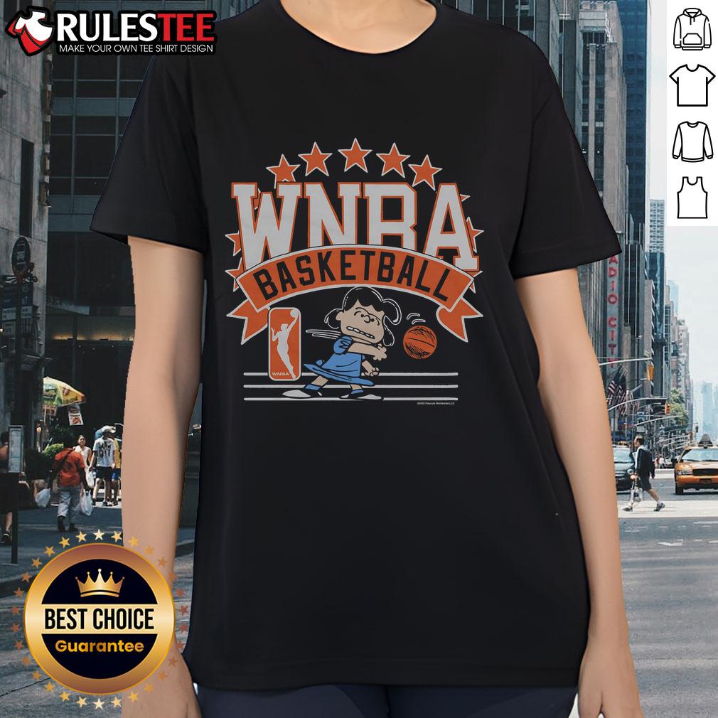 Cute Peanuts Lucy X WNBA ladies tee featuring a stylish design perfect for fans of both Peanuts and women's basketball.