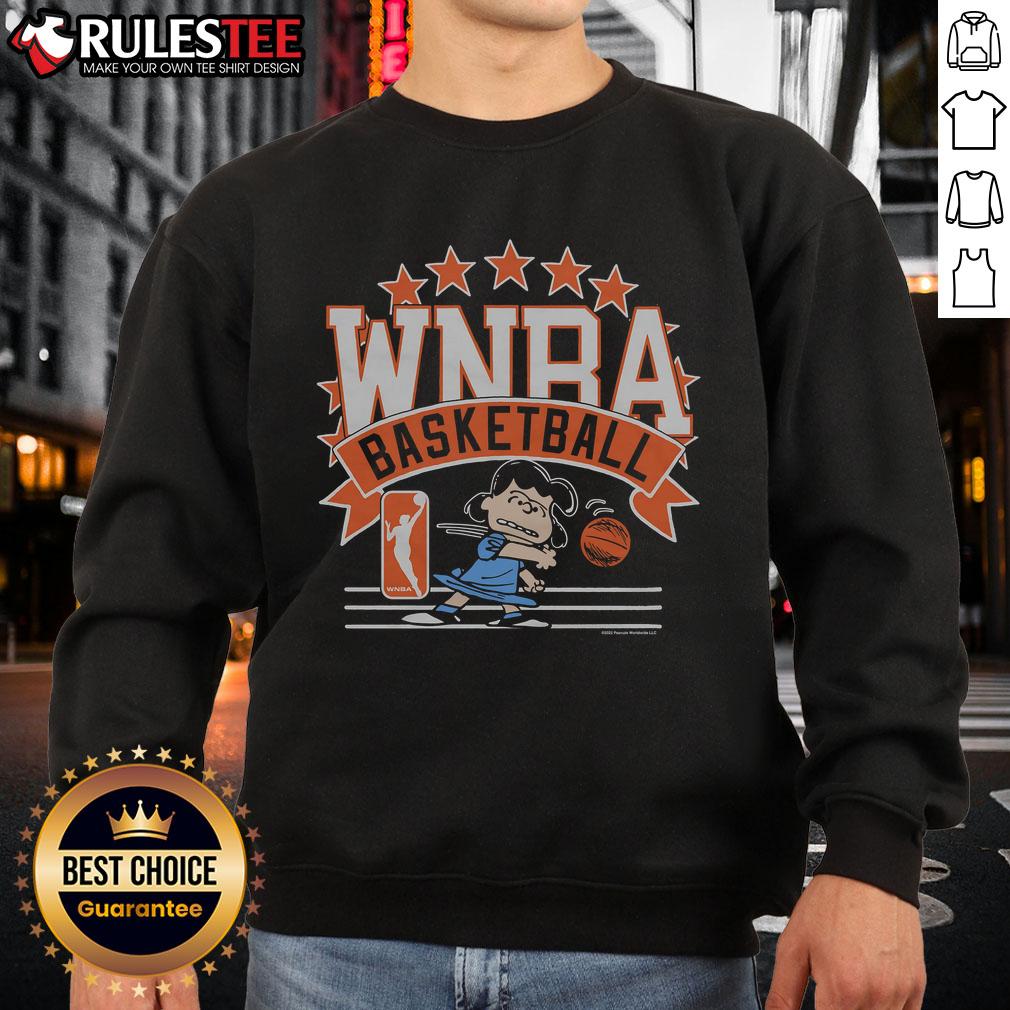 Alt Text: Cute Peanuts Lucy X WNBA sweatshirt featuring vibrant colors and playful design, perfect for sports fans and collectors.