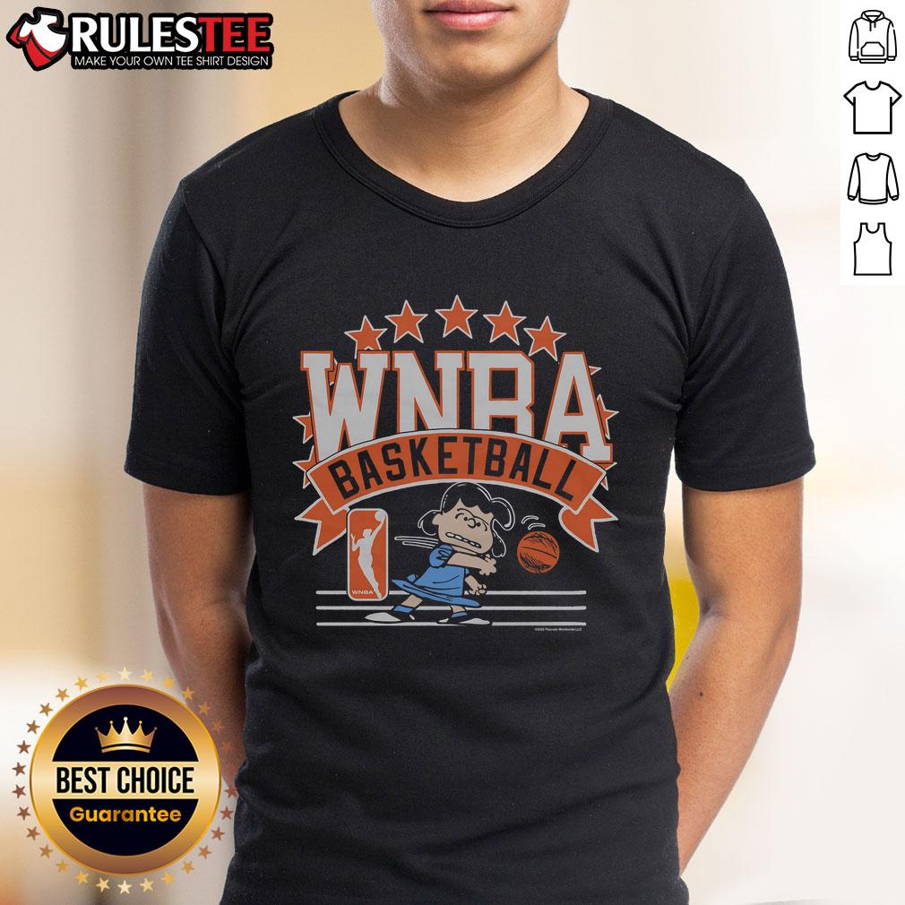 Alt Text: Cute Peanuts Lucy X WNBA T-shirt featuring vibrant graphics of Lucy from Peanuts in a basketball-themed design.