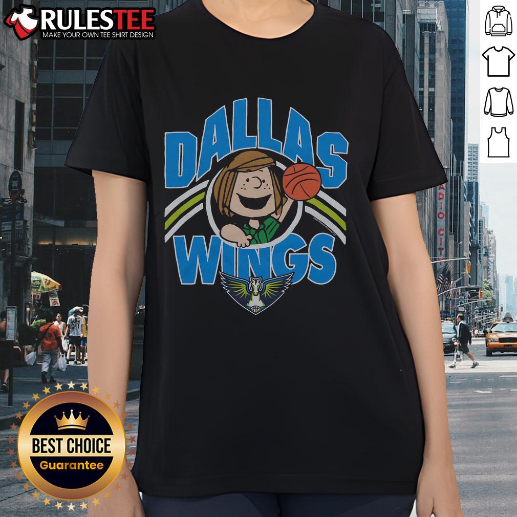 Cute Peanuts Peppermint Patty x Dallas Wings ladies tee featuring vibrant colors and playful design.