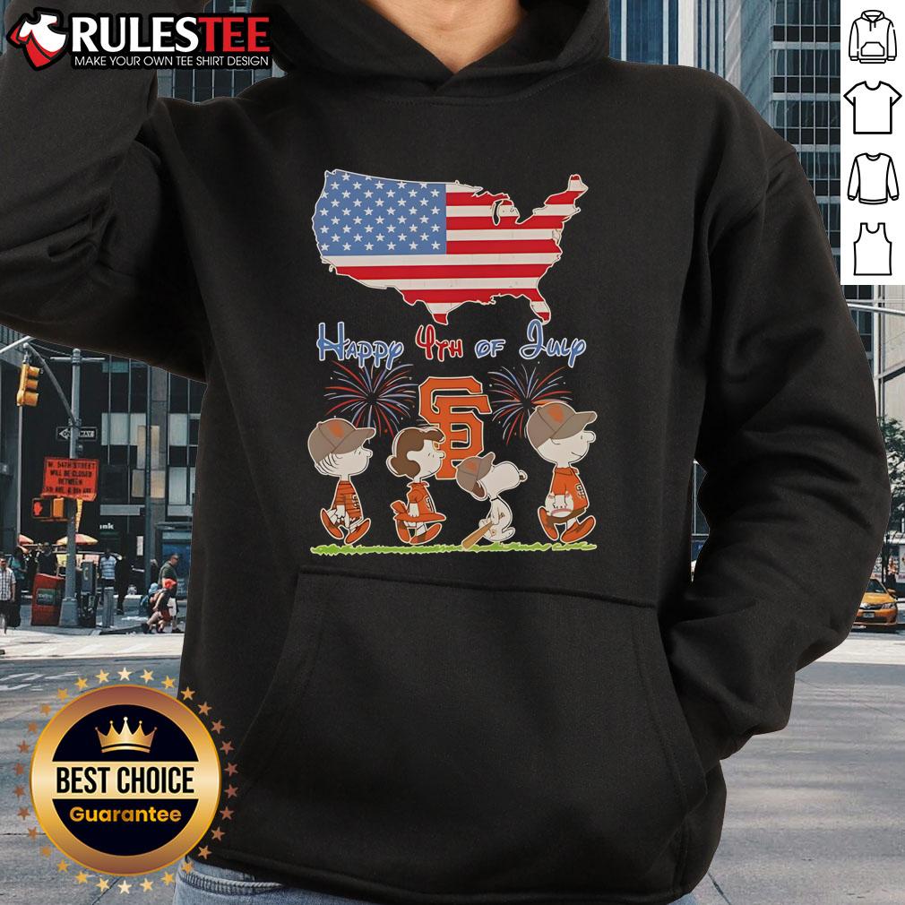 Alt Text: Cute San Francisco Giants hoodie with Snoopy and friends celebrating 4th of July with American flag design.