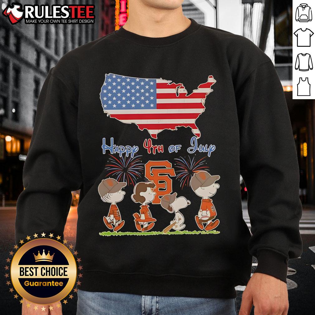Alt Text: Cute San Francisco Giants sweatshirt featuring Snoopy and friends celebrating the 4th of July with an American flag design.