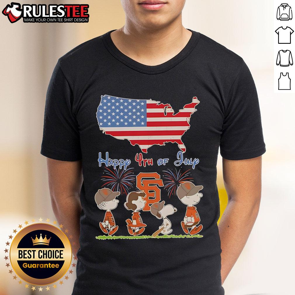 Alt Text: Cute San Francisco Giants Snoopy and Friends 4th of July T-Shirt featuring American flag design.