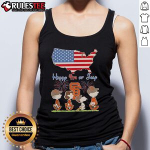 Alt Text: Cute San Francisco Giants tank top featuring Snoopy and friends celebrating 4th of July with an American flag design.