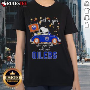 Cute Snoopy and Woodstock graphic on a ladies tee, celebrating fall and love for Oilers, perfect for fans.