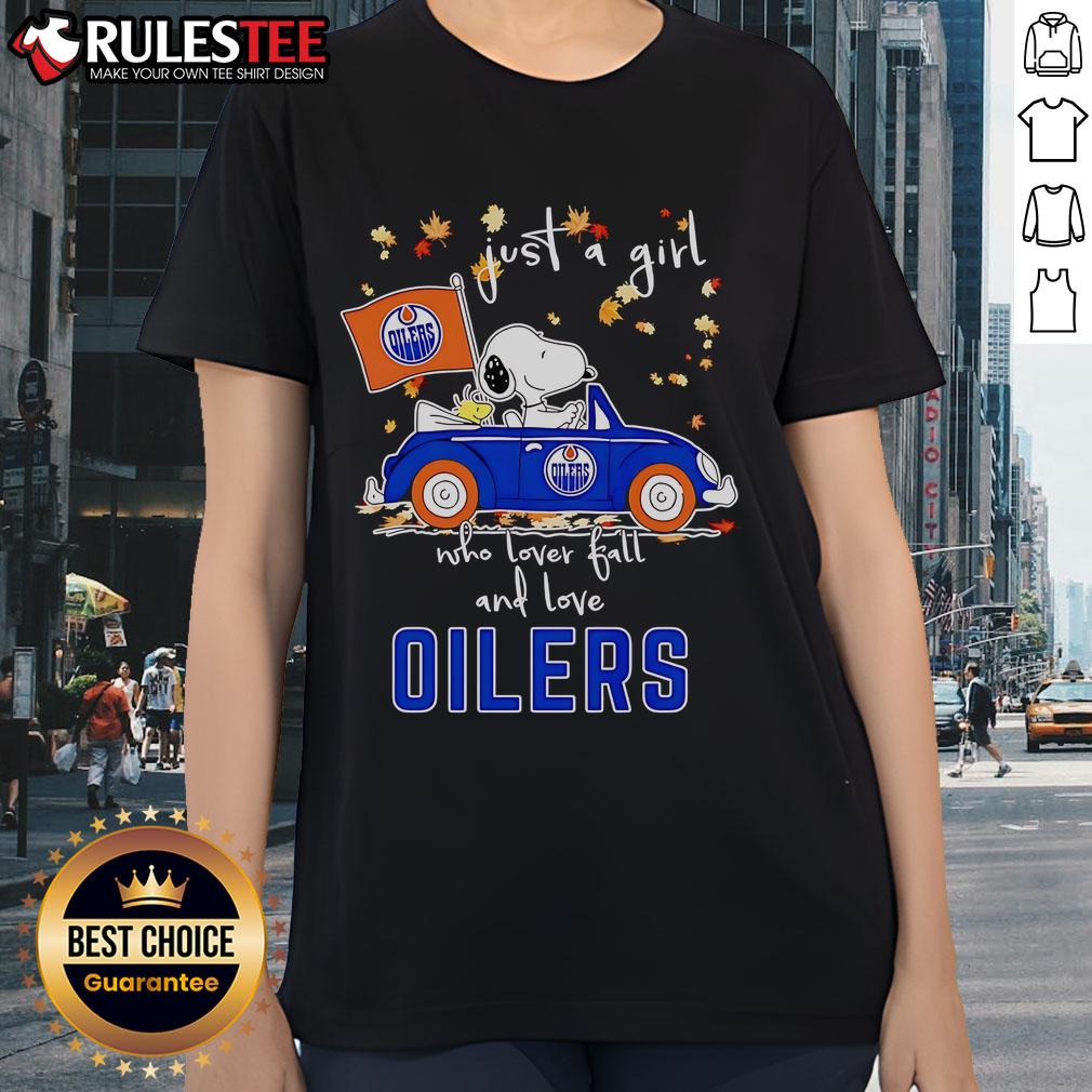 Cute Snoopy and Woodstock graphic on a ladies tee, celebrating fall and love for Oilers, perfect for fans.