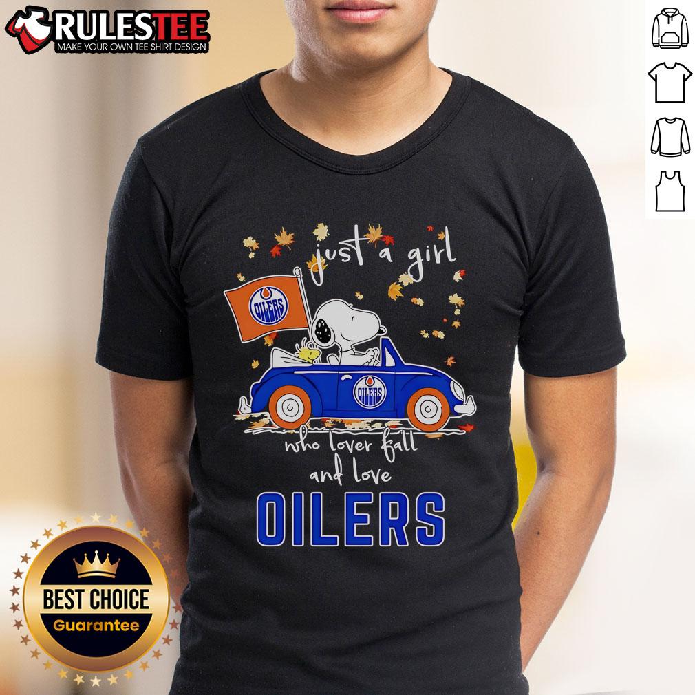 Alt Text: Cute Snoopy and Woodstock on a fall-themed t-shirt for girls, showcasing love for fall and Oilers.