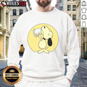 Alt Text: Cute Snoopy drinking beer on a cozy sweatshirt, perfect for casual wear and Peanuts fans.