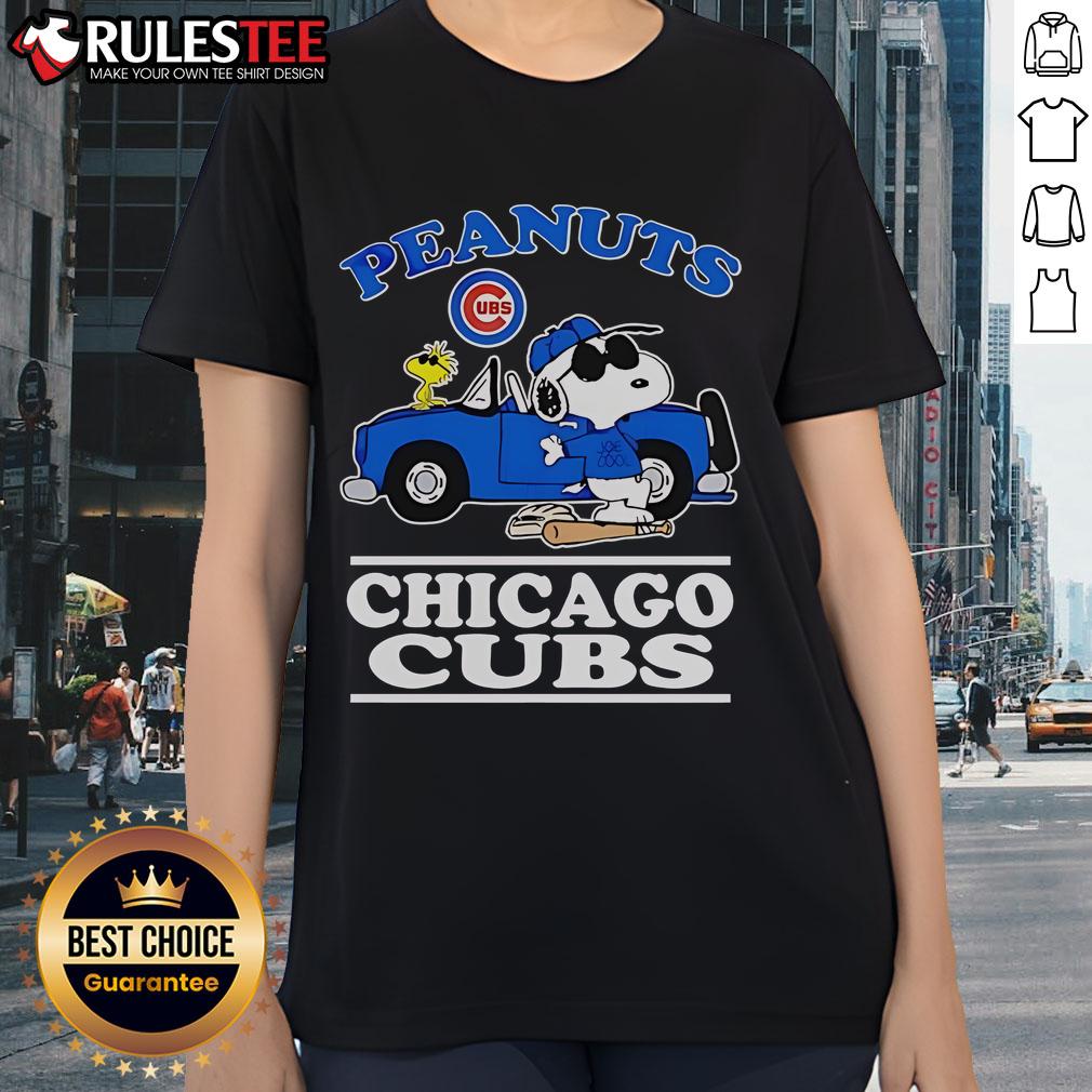 Alt Text: Cute Snoopy Peanuts X Chicago Cubs 2025 Ladies Tee, perfect for fans of baseball and classic cartoon characters.
