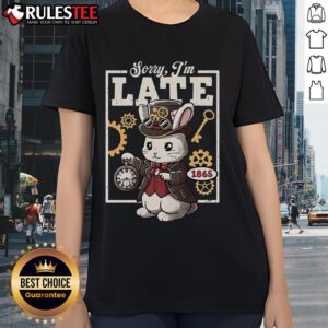 Cute steampunk white rabbit ladies tee featuring intricate gears and whimsical design for a stylish look.