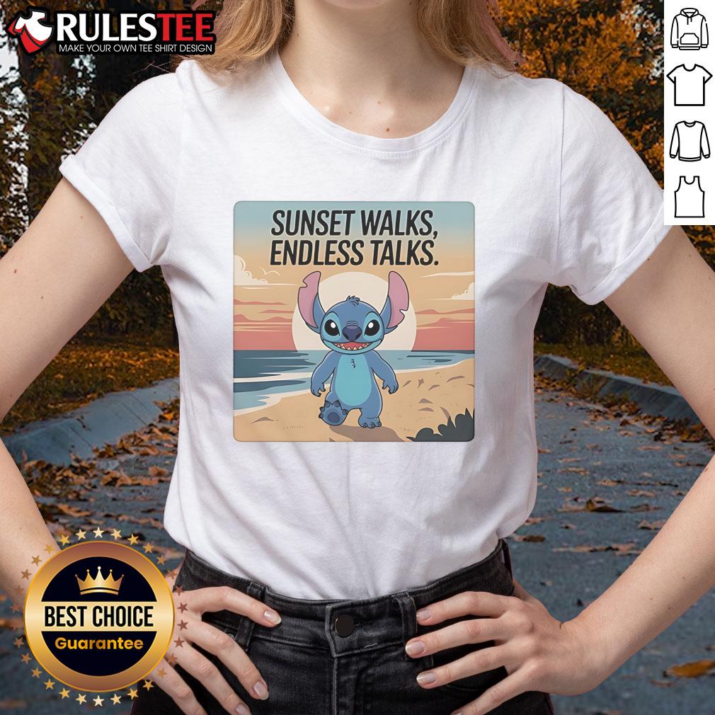 Cute Stitch at the beach during sunset, enjoying endless talks in a stylish ladies tee.