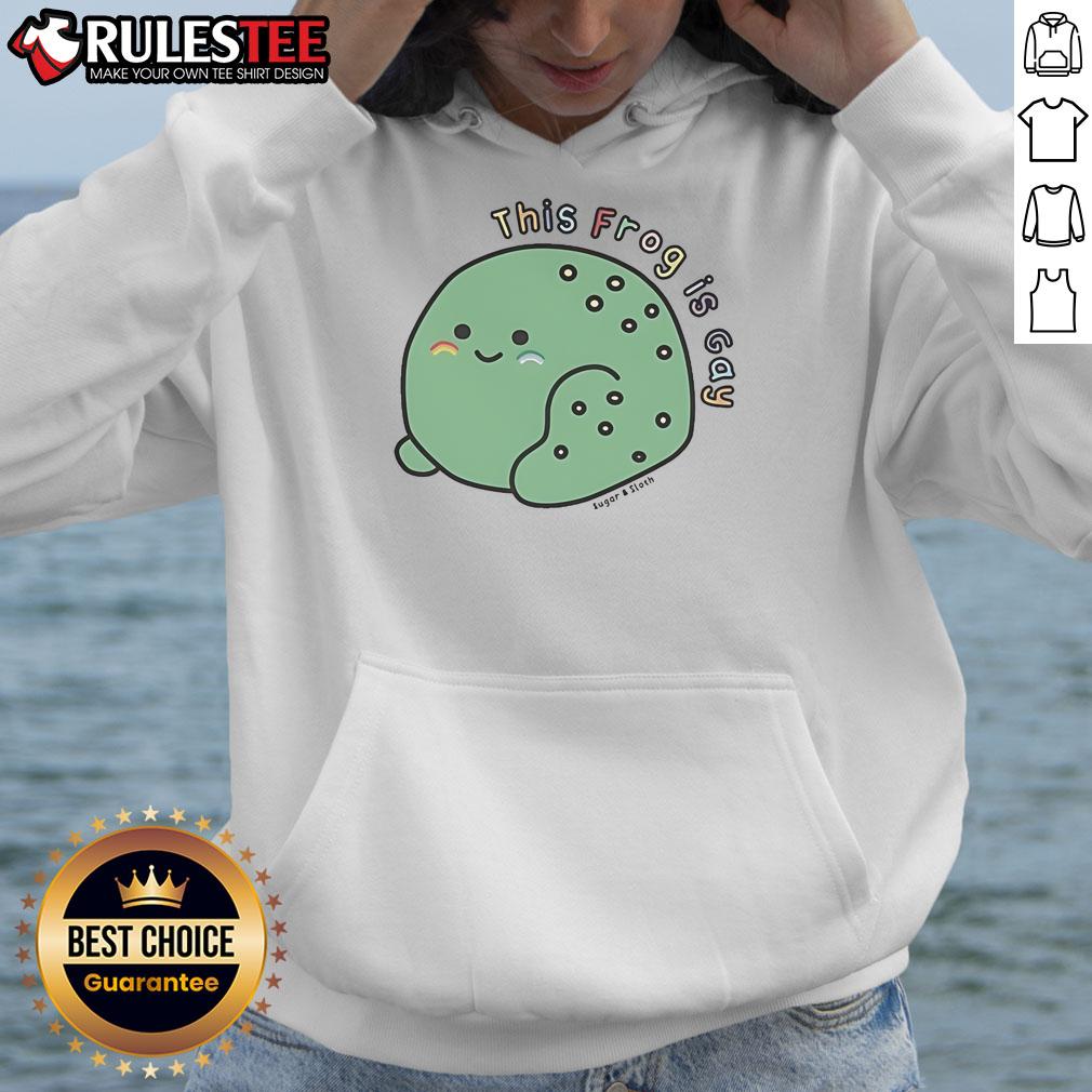 Alt Text: Cute frog wearing a 'This Frog Is Gay' hoodie from Sugar and Sloth, showcasing vibrant colors and playful design.