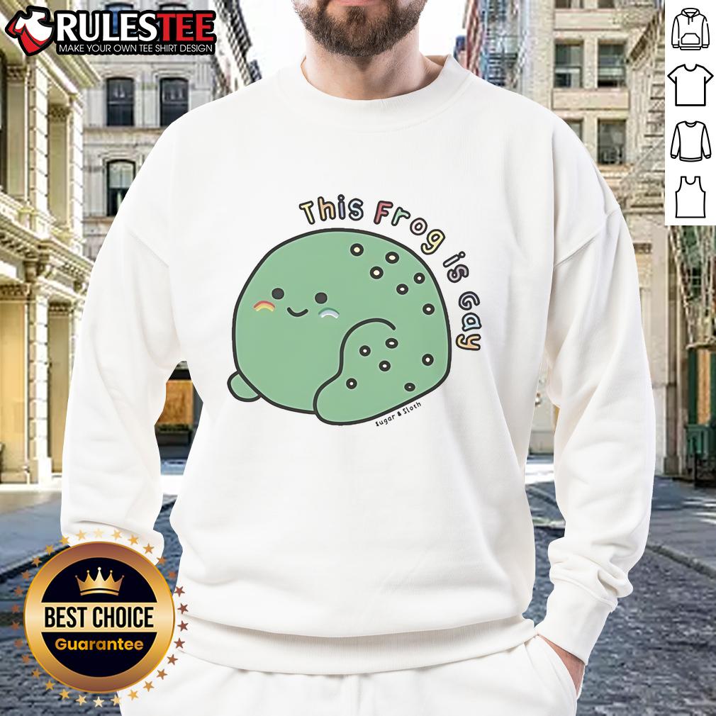 Alt Text: Cute frog graphic on a gay-themed Sugar and Sloth sweatshirt, showcasing vibrant colors and playful design.
