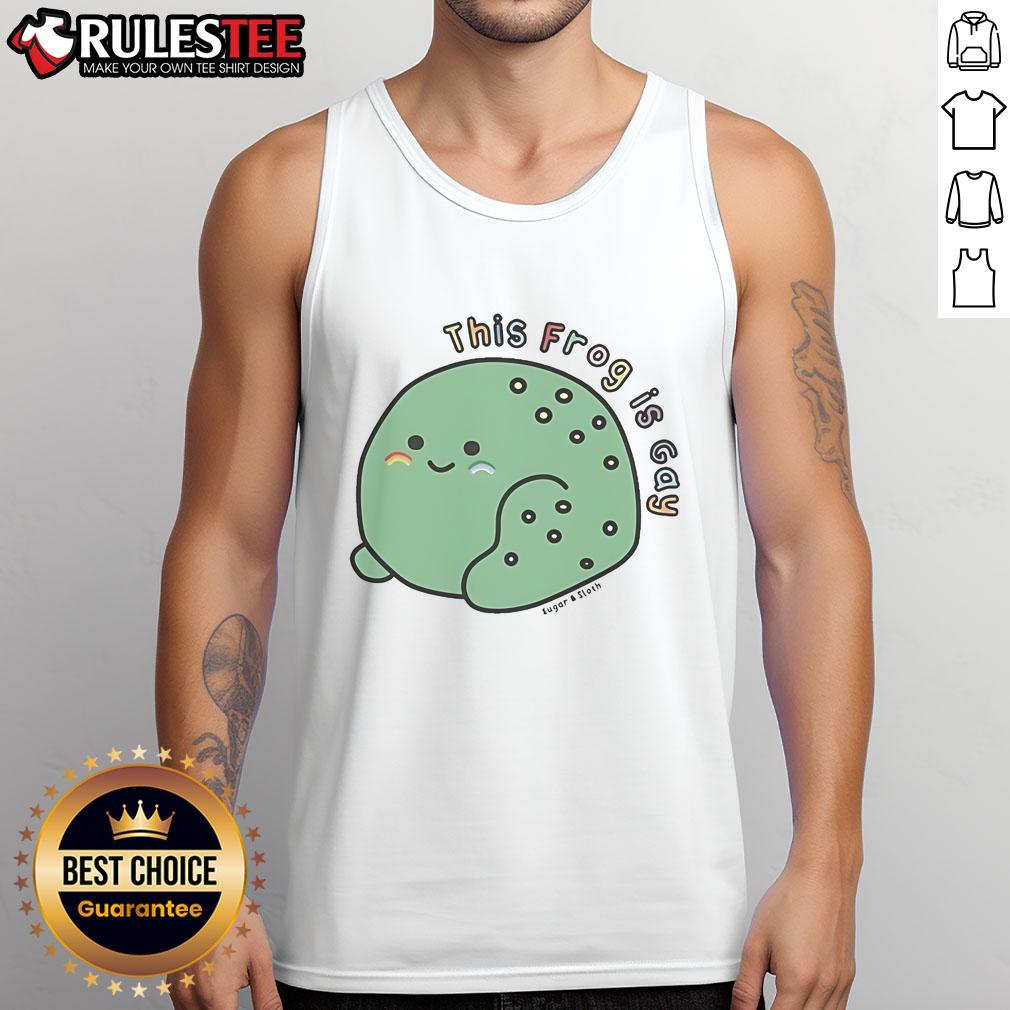 Alt Text: Cute frog graphic on a gay-themed Sugar and Sloth tank top, perfect for pride celebrations and casual wear.