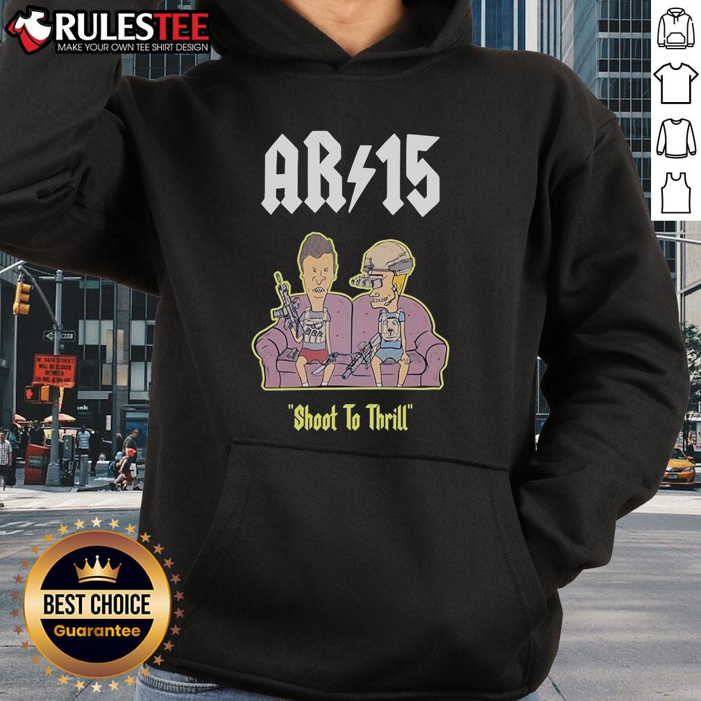 Funny Beavis and Butthead AR-15 Shoot to Thrill hoodie design featuring iconic characters on a cozy sofa.