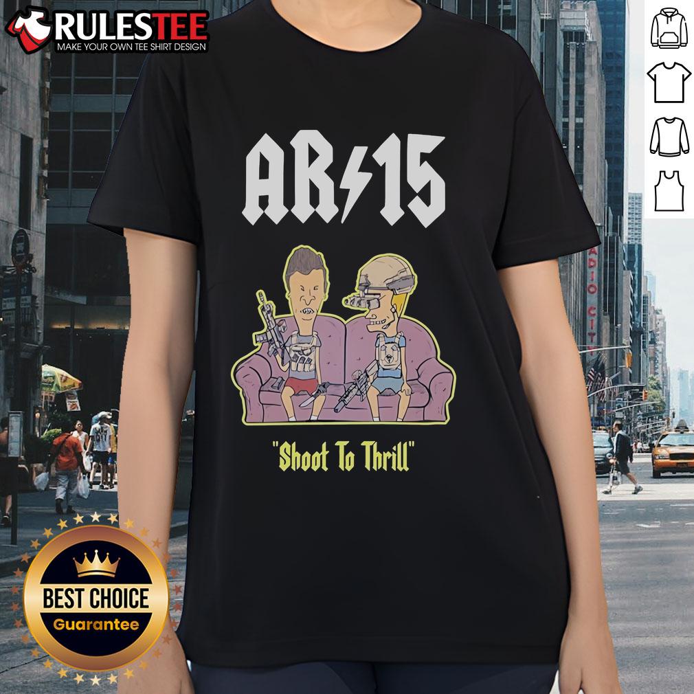 Funny Beavis and Butthead AR-15 Shoot to Thrill Sofa Ladies Tee featuring iconic characters in a humorous design.