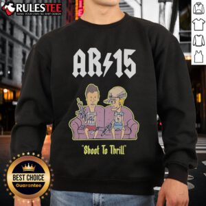 Funny Beavis and Butthead AR-15 Shoot to Thrill sweatshirt design featuring the iconic characters on a cozy sofa.
