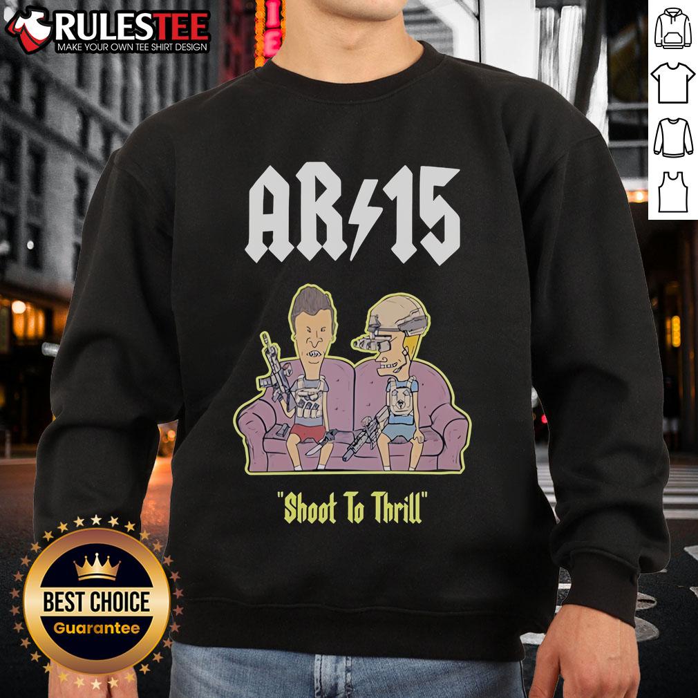 Funny Beavis and Butthead AR-15 Shoot to Thrill sweatshirt design featuring the iconic characters on a cozy sofa.