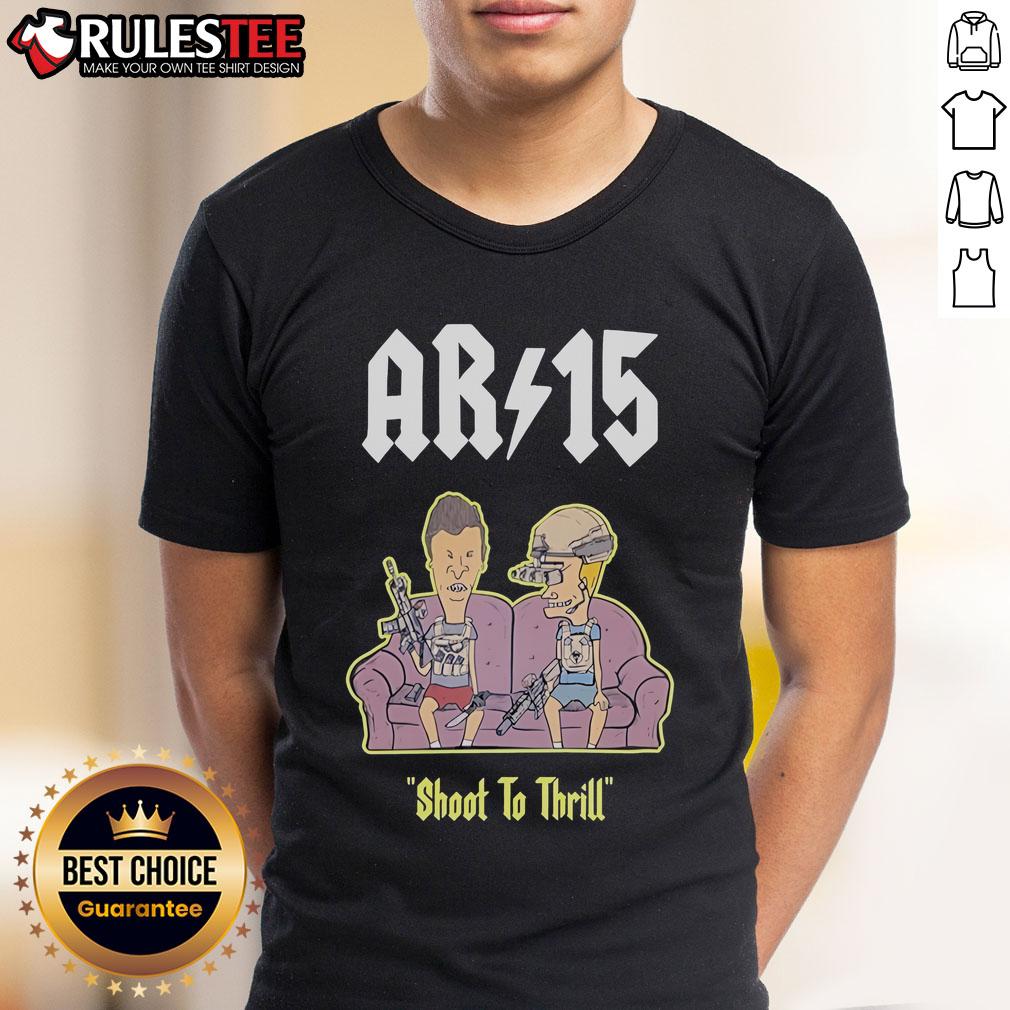 Funny Beavis and Butthead AR 15 Shoot to Thrill Sofa T-Shirt featuring iconic cartoon characters in a humorous design.