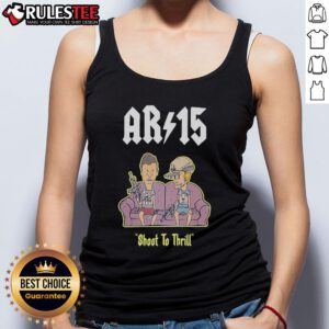 Funny Beavis and Butthead AR-15 Shoot to Thrill tank top design featuring iconic characters on a stylish sofa.