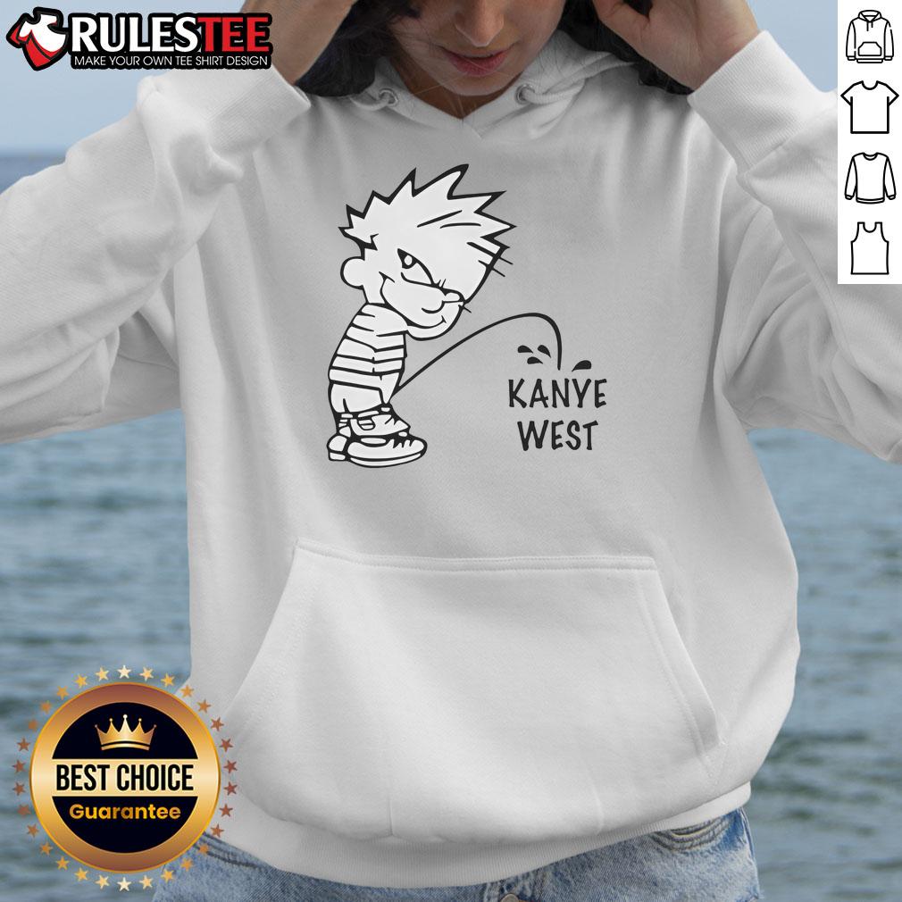 Funny Calvin peeing on Kanye West hoodie design, showcasing humorous streetwear style and pop culture satire.