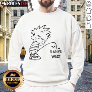 Funny Calvin peeing on Kanye West sweatshirt design, showcasing humor and pop culture in a stylish graphic tee.