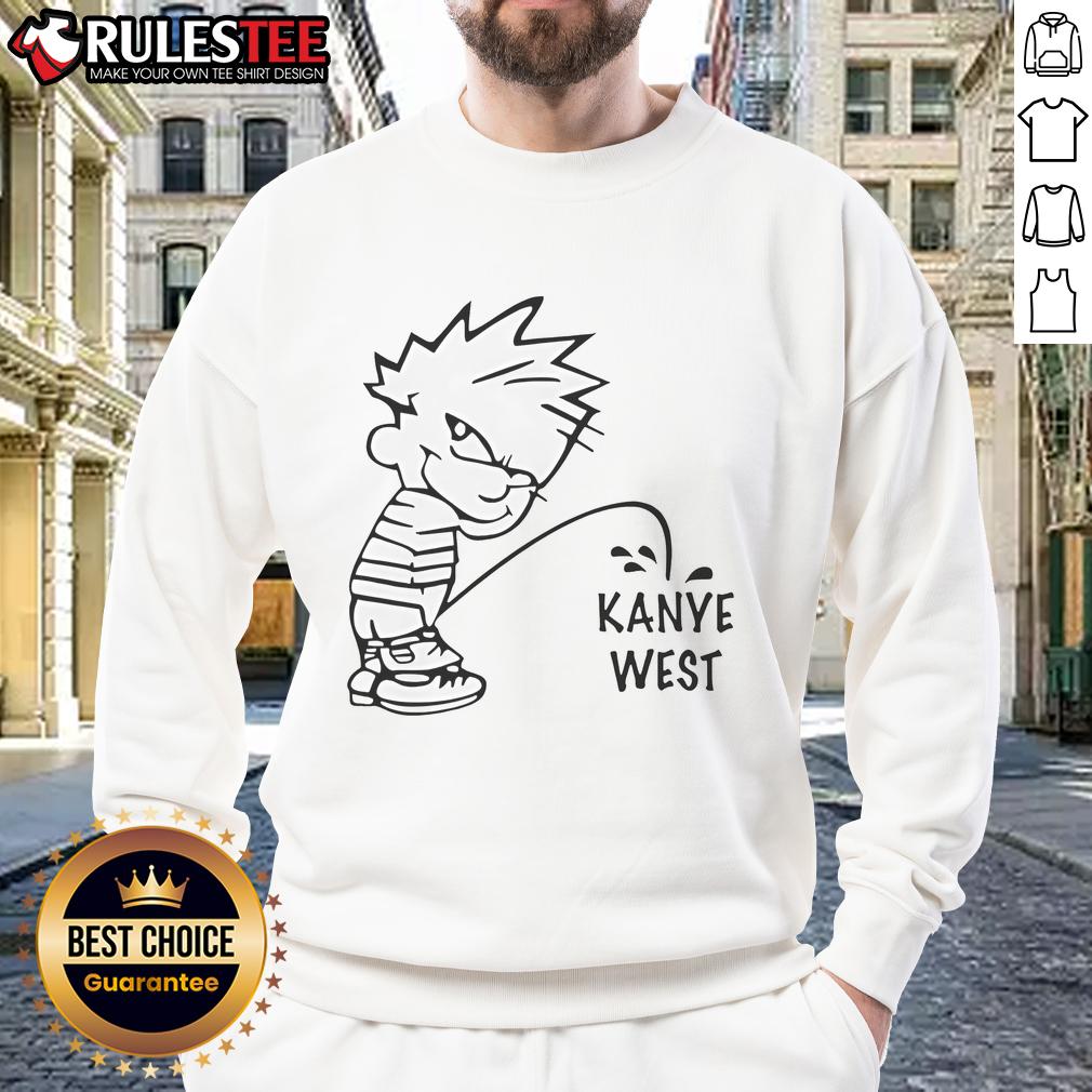 Funny Calvin peeing on Kanye West sweatshirt design, showcasing humor and pop culture in a stylish graphic tee.