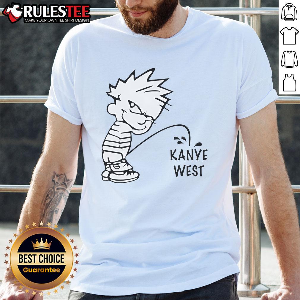 Funny Calvin peeing on Kanye West T-shirt design, showcasing humor and pop culture in a playful graphic tee.
