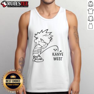Funny Calvin peeing on Kanye West graphic tank top, perfect for humor lovers and pop culture enthusiasts.