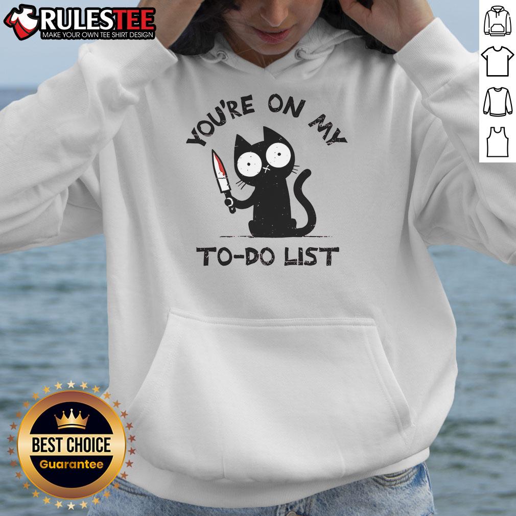 Funny cat hoodie with 'You're on my to-do list' text, perfect for cat lovers and cozy casual wear.