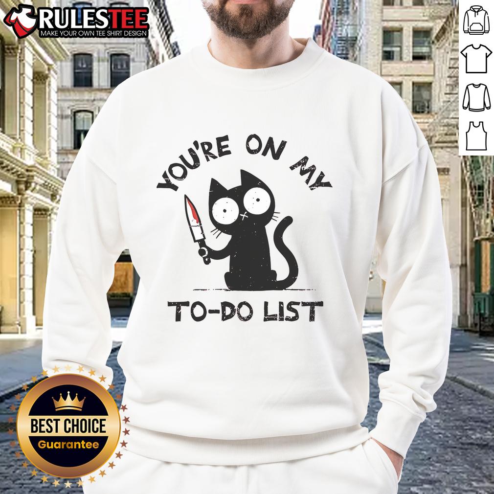 Funny cat sweatshirt with 'You're on my to-do list' text, perfect for cat lovers and humor enthusiasts.