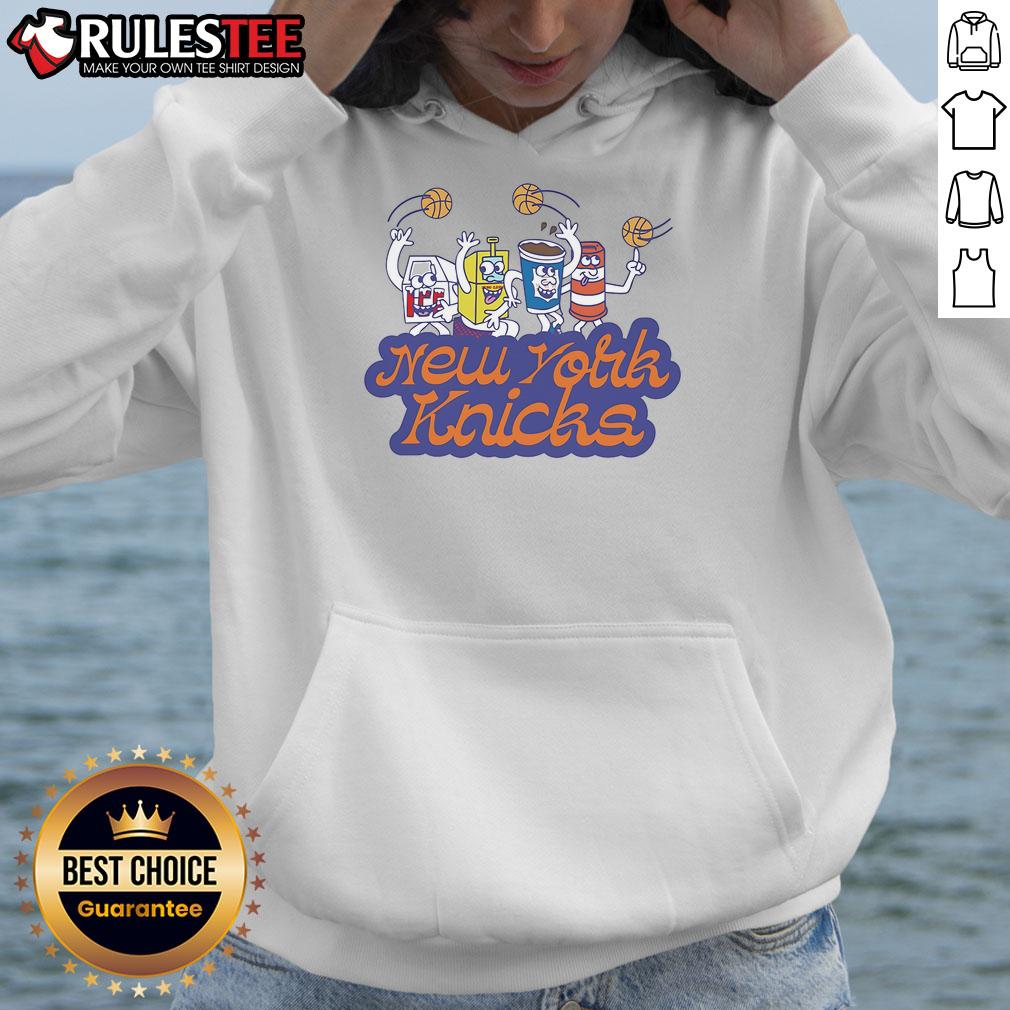 Alt Text: Funny cereal box dude wearing a New York Knicks hoodie, showcasing a playful and vibrant design.