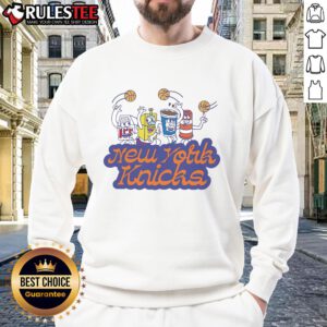 Funny Cereal Box Dude wearing a New York Knicks sweatshirt, showcasing a playful and vibrant sports fashion style.