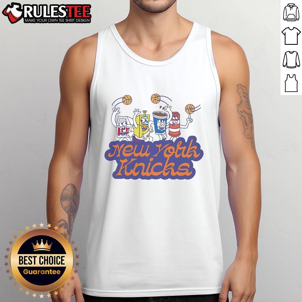 Alt Text: Funny cereal box dude wearing a New York Knicks tank top, showcasing a playful and vibrant sports style.