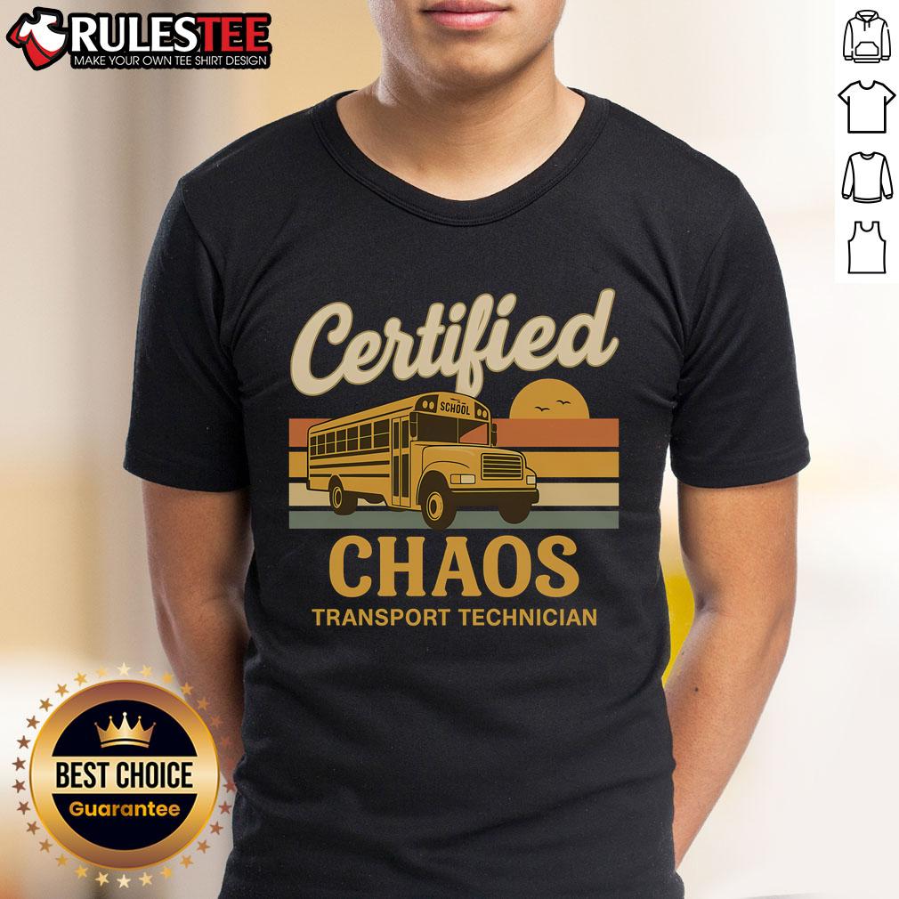 Funny Certified Chaos Transport Technician School Bus Driver T-Shirt featuring a humorous design for school transport professionals.