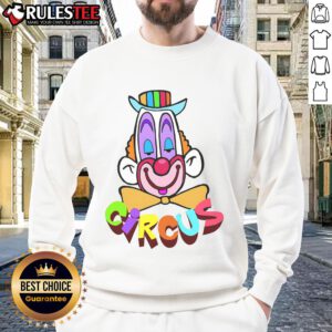 Funny clown circus face sweatshirt design featuring vibrant colors and playful graphics, perfect for circus-themed outfits.