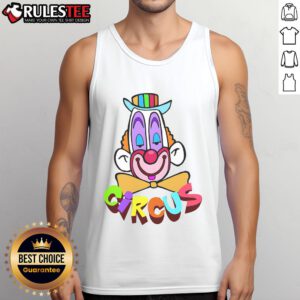 Funny clown circus face tank top featuring a colorful design, perfect for circus-themed events and casual wear.