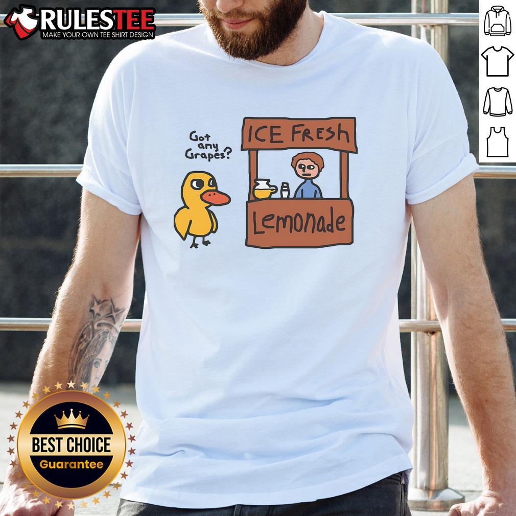 Alt Text: Funny Got Any Grapes Duck Song T-Shirt featuring a lemonade stand design, perfect for fans of the viral song.