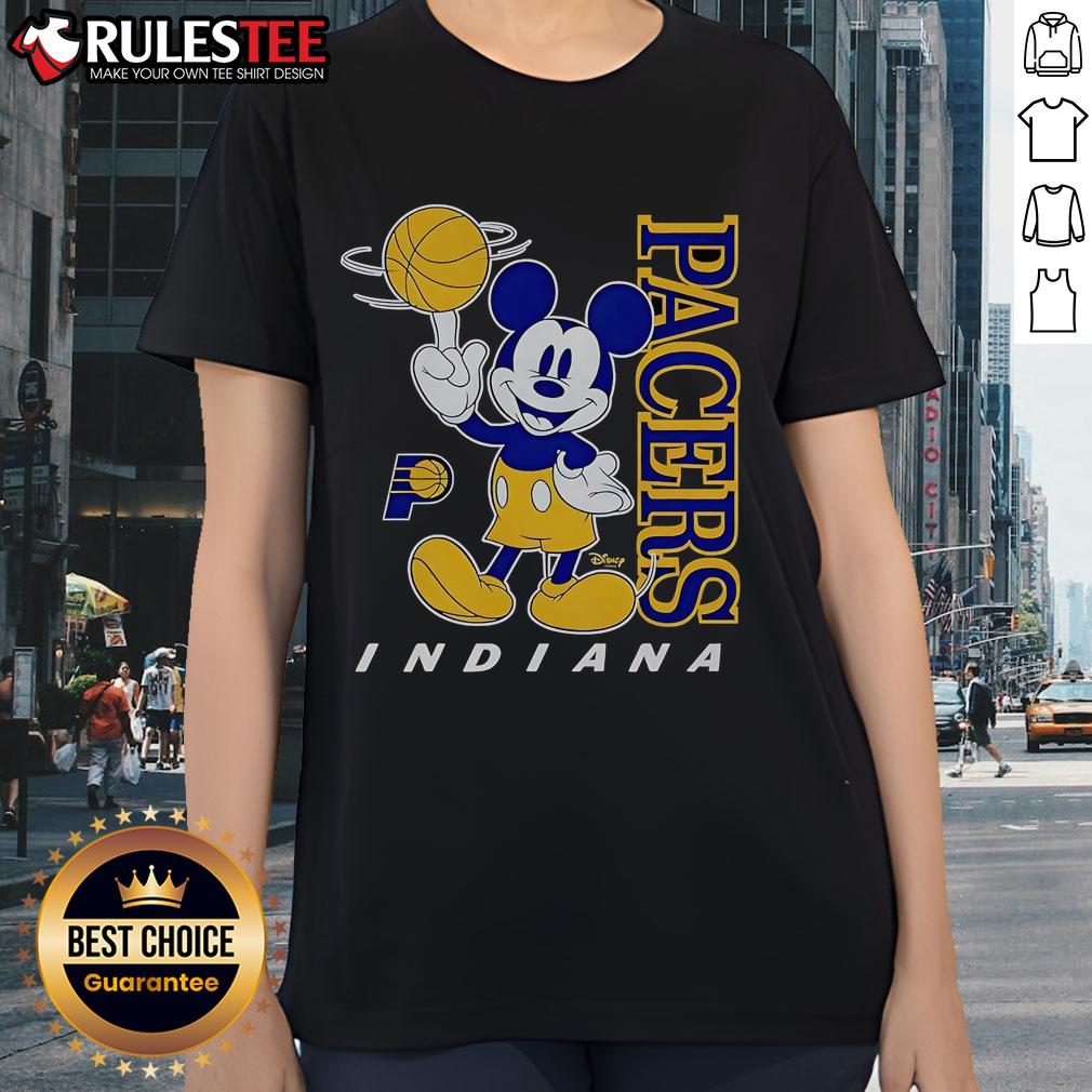 Funny Indiana Pacers and Mickey ladies tee featuring playful graphics, perfect for fans and casual wear.