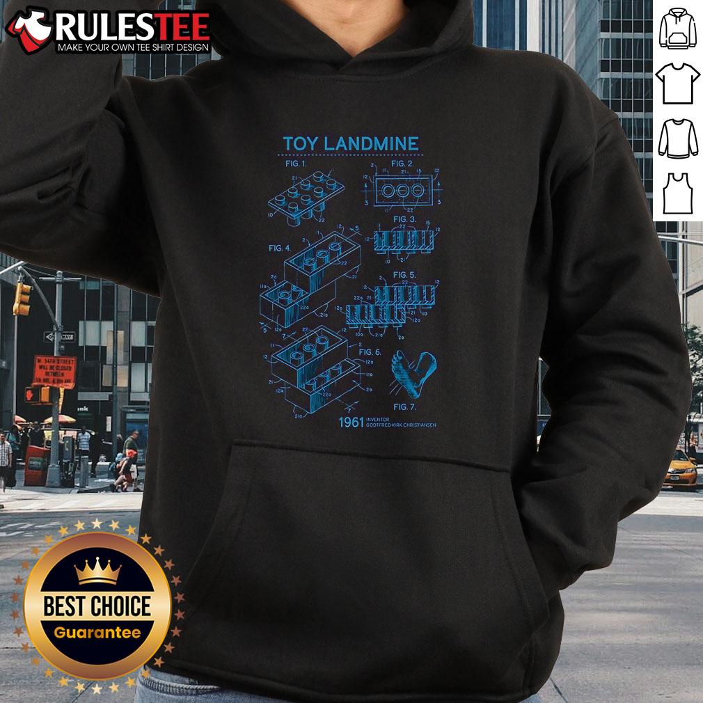 Alt Text: Funny Lego Toy Landmine hoodie featuring 1961 inventor Gootfred Kirk Christiansen, the ultimate weapon design.