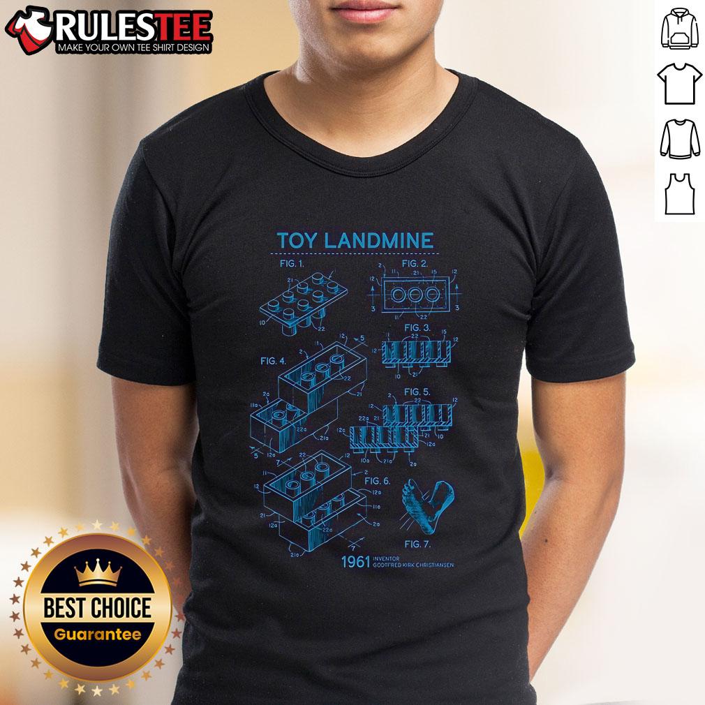Funny Lego Toy Landmine T-Shirt featuring 1961 inventor Gootfred Kirk Christiansen's ultimate weapon design.