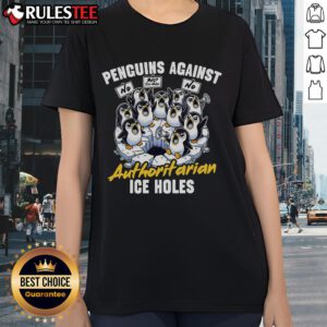Funny penguins against authoritarian ice holes on a Penguin Ladies tee, showcasing humor and playful design.