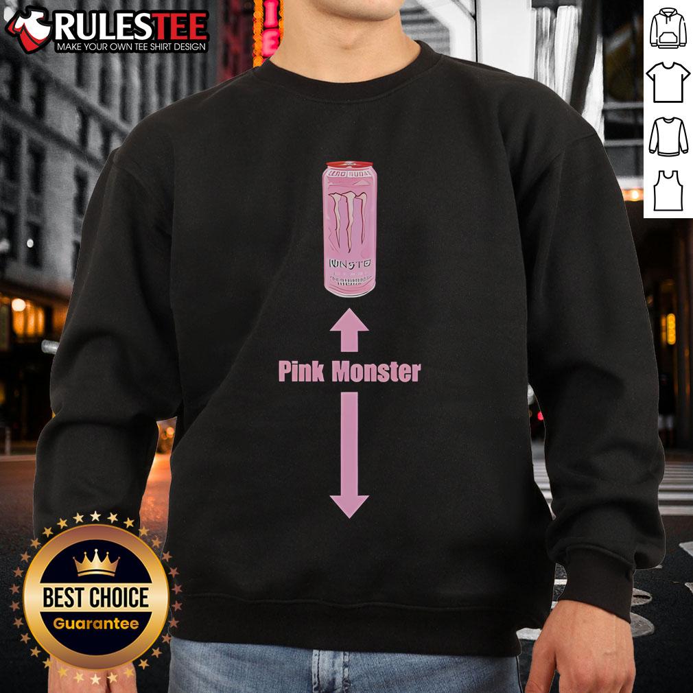 Funny pink monster energy sweatshirt with playful graphics, perfect for casual wear and energy drink enthusiasts.