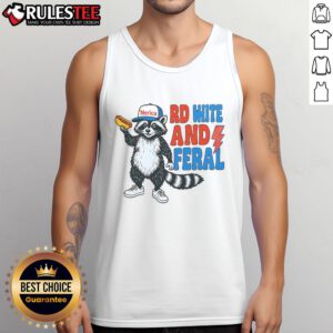Funny red, white, and feral raccoon wearing a 4th of July tank top, perfect for patriotic celebrations and humor.