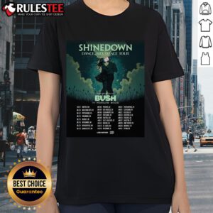 Alt Text: Official Shinedown Tour 2025 poster featuring a stylish ladies tee design with vibrant graphics and tour details.
